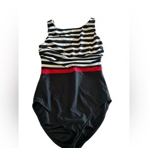 Miraclesuit Black and White Striped One Piece Swimsuit with Red Accent